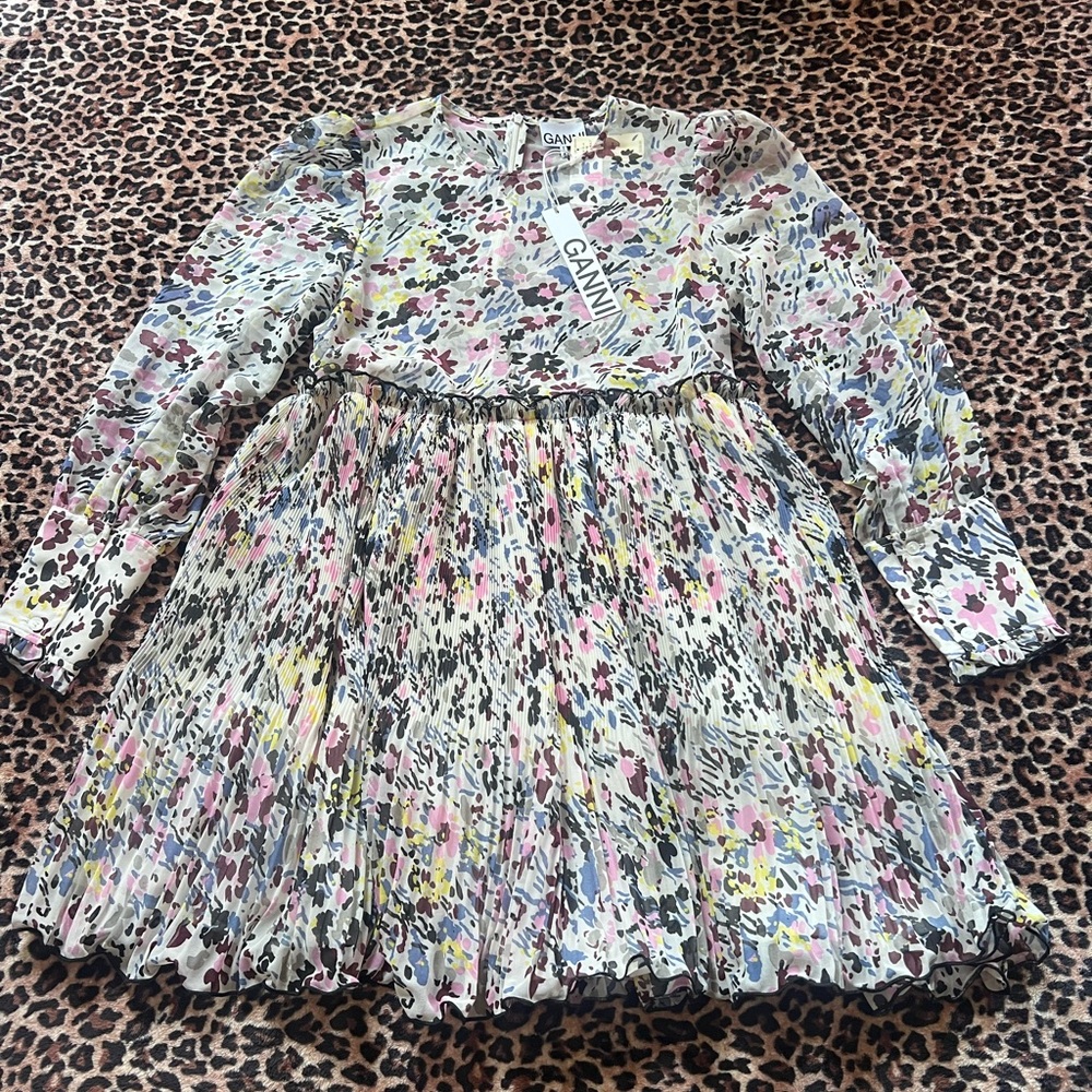 Ganni Multicolor Floral Pleated Dress